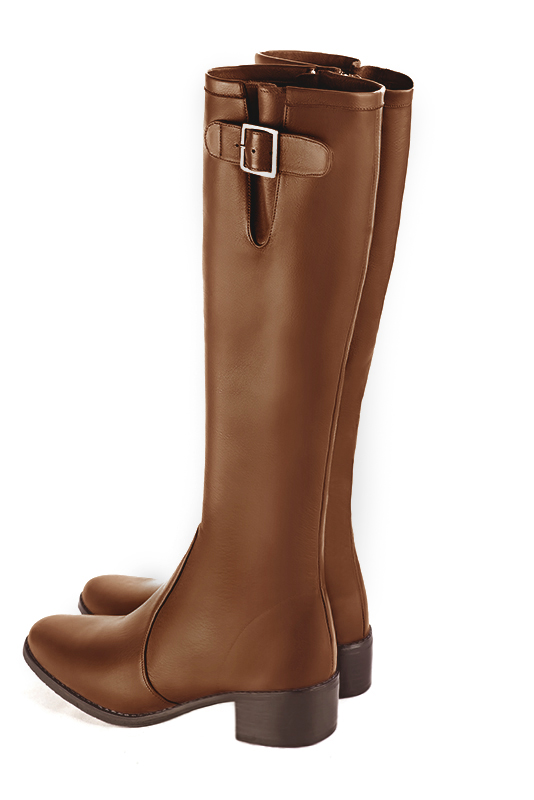 Caramel brown women's knee-high boots with buckles. Round toe. Low leather soles. Made to measure. Rear view - Florence KOOIJMAN